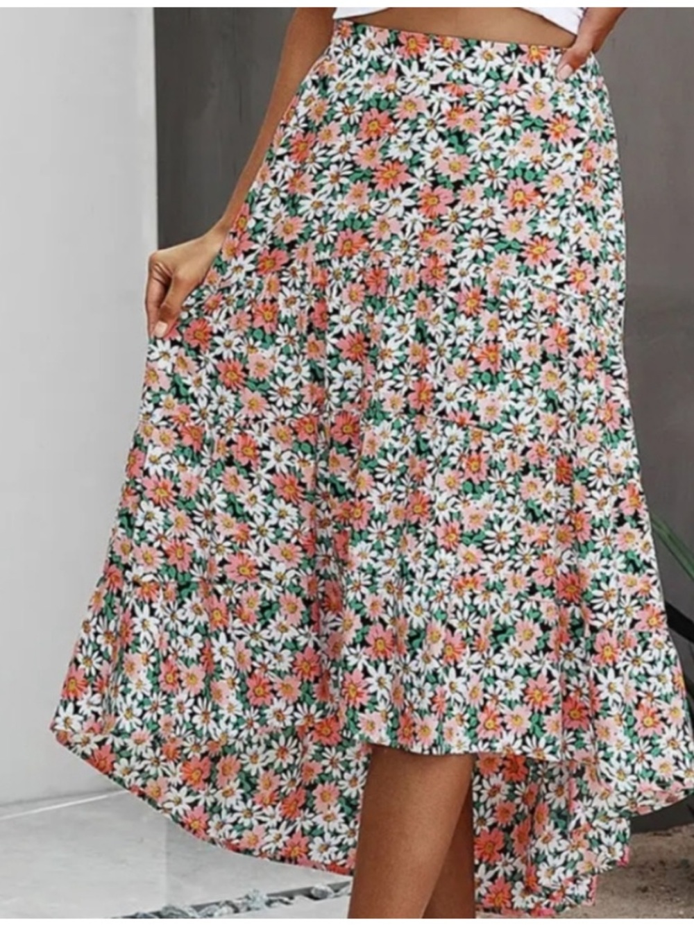 Pretty Garden Floral Daisy Ho-Low Hem Midi Skirt Elastic Waist Size L Colorful - Picture 3 of 14